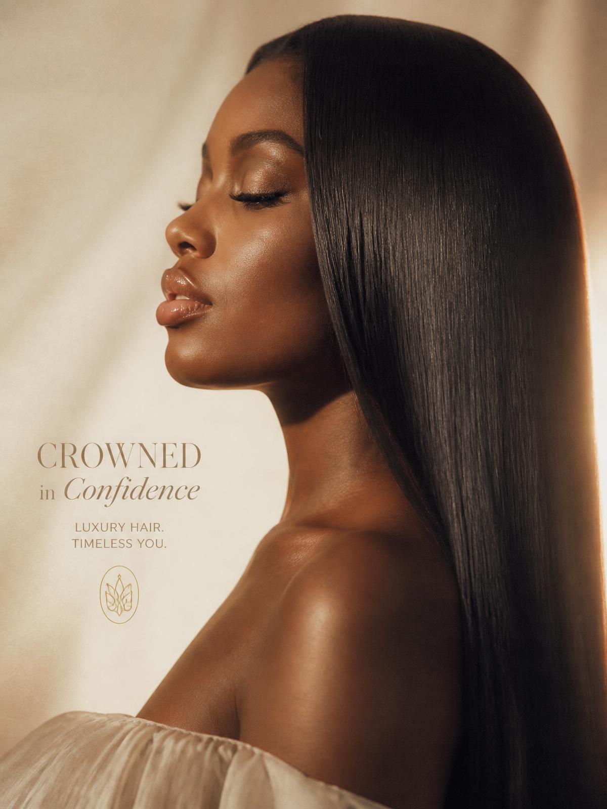 Editorial portrait of a woman with glossy silk-pressed hair at Angel's Dominican Beauty Salon