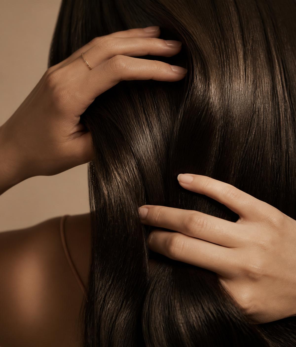 Close-up of hands running through glossy healthy hair